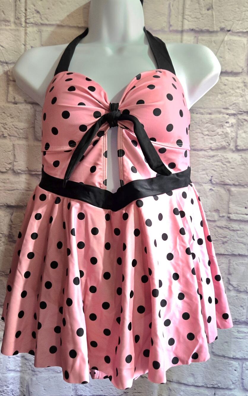 Retro Stage Pink 1950s Halter Polka Dots One Piece Swimsuit L NIB